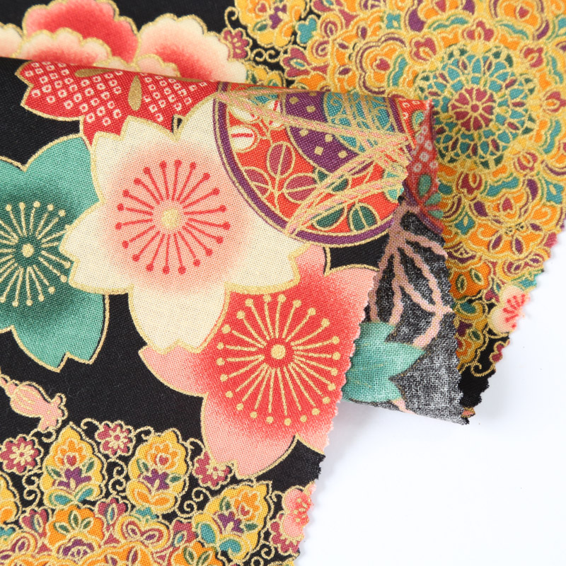 和風柄 開花シリーズ 1750-43 シーチング生地に花柄や富士山・鞠・鼓が描かれております /Japanese Pattern Kaibana Series 1750-43 Sheeting fabric with floral patterns, Fujiyama, ball, and drum